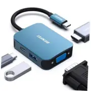 USB C HUB 4in1, USB Type-C to HDMI VGA Adapter, USB C to USB Adapter, USB Blue