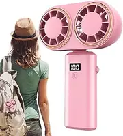 Portable Hand Fan - Portable Fan for Travel | Two Head Rechargeable Lightweight Digital Display 5-Speed Cooler for Beach Hiking Gym School Camping Festival Sports