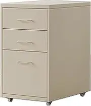3 Drawer Iron File Cabinet, Rolling Under Desk Cabinet, Mobile Under Desk File Cabinets for Home Office(Beige)