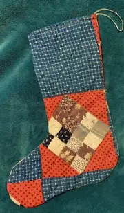 ANTIQUE VINTAGE QUILT CHRISTMAS STOCKING! BLUES & RED COTTAGE CORE 24-02