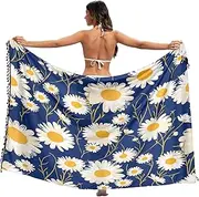 [RPLIFE] White Daisies Navy Blue Bottom Sarong, Fringe Sarong Wrap, Printed Sarongs Beach, Summer Wraps, White Daisies Navy Blue, Medium