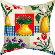 Vases and Flowers. Needlepoint Kit. Throw Pillow 16×16 Inches. Printed Tapestry Canvas, European Quality