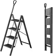 step ladder 3 Step/ 4 Step Ladder Folding Step Stool with Anti-Slip Wide Pedal and Retractable Handrail, Aluminum Portable Lightweight Step Stool for Adults Multi-Use for Home and Kitchen, Plant Stand