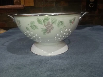 Vintage Enamel Multicolored Floral Strainer Colander Farmhouse Cottage 8 3/4"