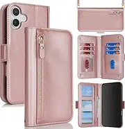 Cavor Crossbody Wallet for iPhone 16 6.1'' Case Leather Flip Cover Zipper Coin Purse Card Slots Photo Holder Kickstand Shoulder Strap Magnetic Shockproof Phone Cases-Long Lanyard Rose