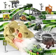 KukuFun 249 PCS Dinosaur Toys Race Car Track, Toys for Kids Toddler Boys Ages 3-5 4-6, Dinosaur Race Tracks Toys with Light, Sound & Spray, Birthday Dinosaur Toys Gifts for 3 4 5 Year Old Boys