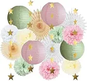 Sage Green Party Decorations Paper Lanterns Decorative Pink Tissue Paper Pom Poms Sage Green and Pink Party Decorations with Gold Star Garland for Baby Shower Bridal Shower Birthday Wedding