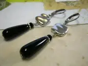 Genuine Black Onyx Earrings Long Dangles Silver Accent Beads Leverbacks Teardrop