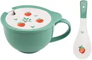 Soup Bowl with Handle Japanese-Style Breakfast,480ML Soup Bowls Mug Cup in China Porcelain Ceramic with Lid and Spoon Oven Microwaveable Microwave Safe for Milk-Green C