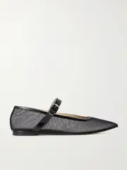 [Le Monde Béryl] Le Monde Béryl - Patent Leather-trimmed Glittered Mesh Mary Jane Ballet Flats - Black - IT42 IT 42 Black