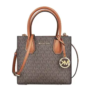 【Michael Kors】MK MICHAEL KORS MERCER 金字LOGO PVC滾邊牛皮手提斜背風琴包(中/棕褐)