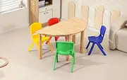 120x60cm Semi Circle Timber Pinewood Wooden Kids Table Activity Study Desk & 4 Mixed Colour Chairs Set