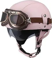 Motorcycle Helmet with Built-in Visor and Goggles Vintage Leather Open Face Helmet with Adjustable Quick Release Buckle Half Shell Helmet Unisex DOT/ECE Approved