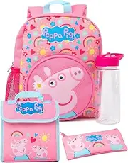 [Peppa Pig] Kids 4 Piece Backpack Set | Girls Boys Animated George Pig Hearts Pink Rucksack Lunch Bag Pencil Case Water Bottle | Back to School Bag Gifts