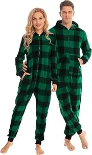 [SWOMOG] Couples Christmas One Piece Pajamas Sets Women & Men Fleece Winter Loungewear Zip-Up Jumpsuit with Pockets Pjs