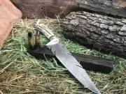 Handmade Damascus Steel Feather Pattern Bowie Knife For Hunting Hiking & Camping