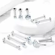 PAIR 20G 3mm CZ NO THREAD SNAP PUSH PIN STEEL LIP LABRET EAR HELIX RING STUD