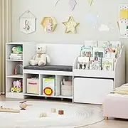 HONEY JOY Kids Bookcase Reading Nook, 4-in-1 Standing Toy Organiser w/Removable Seat Cushion, 3-Tier Bookshelf, 6 Cubbies, Adjustable Shelf & Movable Drawer, Toy Chest for Nursery, Playroom, Classroom
