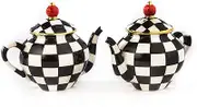 Teapot Salt and Pepper Shaker Set, Ceramic Salt and Pepper Holders, Black-and-White Courtly Check