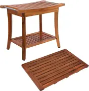 Teak Shower Bench Seat with Shower Mat,Portable Spa Bathing Stool and Bath Mat,