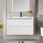 Bathroom Vanity 900mm Length Unit Wall Mounted Floating Vanity with Ceramic Sink and Two Drawers-Modern Bathroom Storage Vanity, with 15mm Plywood Board Smooth Edges Water-White