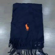 Ralph Lauren Mens 100% Lamb's Wool Scarf Navy Blue Orange Pony New