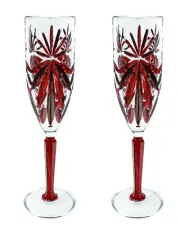 Pair of Murano Glass Champagne Flutes Red Hand Painted Light Stem 22.5cm