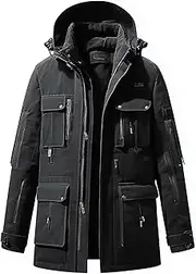 [Sumairah] Mens Parkas Urban Jacket Luxurious Thigh Length Nylon Coats Front Pockets Removable Hood Winter Coat Warm Parka Jackets