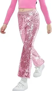 [LOLANTA] Flared Sequin Pants for Girls, Casual Elastic Flared Pants with Mid Waist, Glitter Retro Trousers for Kids Dance, 6-12 Years