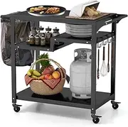 Costway Outdoor Dining Cart Table, Pizza Oven Table, 3-Shelf Movable BBQ Cart with 4 Lockable Wheels, Hooks, Side Handle, Multifunctional Kitchen Food Prep Worktable, Portable Dining Cart BBQ Trolley