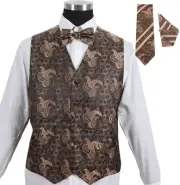 Men's Tuxedo Formal Vest Brown 4pc Set #005 - Vest w/ Bow Tie Hanky & Tie