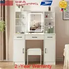 Dressing Table Stool Set with Mirror Led Lighted Makeup Vanity Desk Drawer White