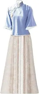 [MOOCO MORNING] Modern Chinese Style Clothes Lady Blue Women Retro Tops Tang Suit Traditional Top Set Skirt Two-Piece Chinese Traditional Dress