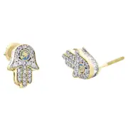 10K Yellow Gold Round Baguette Diamond Hamsa Eye of RA Stud 12mm Earrings 3/4 CT