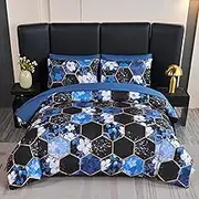 ANGIYUIN 7Pcs Blue Marble King Comforter Sets Floral Bedding Sets Gold Honeycomb Bed in A Bag with Sheets Soft Microfiber Bed Sets for Women Men