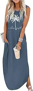 [GREFLYING] Rainbow Graphics Summer Dress Womens Sleeveless Pocket Maxi Dress Summer Hawaiian Beach Tank Dress Plain Shirt Dress