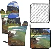 4 pcs Oven Mitts and Pot Holders Set 500°F Heat Resistant Oven Gloves and Hot Pads Kitchen Mittens Kauai Hawaii Seashore Cooking Gloves Potholders for Baking Grilling
