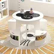 HONEY JOY 5PCS Kids Table and Chair Set, Nesting Design Round Table w/4 Storage Stools, Blackboard, Activity Play Art Read Craft Drawing Desk for Toddlers, Kid Furniture for Classroom Playroom Nursery