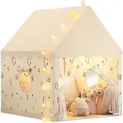 Large Kids Play Tent with Mat, XICEN Play Tent Indoor with Star Lights, Clouds, Butterflies and Windows, Playhouse for Boys and Girls Aged 3+, Kid Tent with Mat Washable (Off-White)