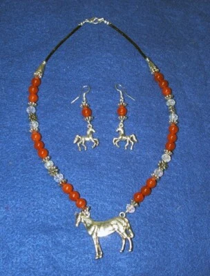Horse Lovers Navajo Necklace & Earring Set Carnelian & White Opal New EB05