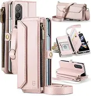 [Strapurs] Crossbody Wallet Case Compatible with Samsung Galaxy Z Fold 4 with RFID Blocking Card Holder & Pen Holder Slot Soft PU Leather Shoulder Strap Zipper Pocket Purse Fold 4 Phone Case, Rose Gold