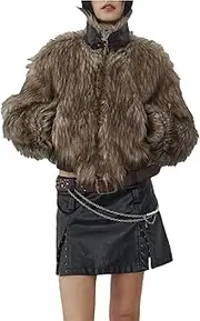 [Generic] Women Winter Short Warm Thick Hairy Shaggy Patchwork Faux Fur Coat Zipper Fluffy Jacket