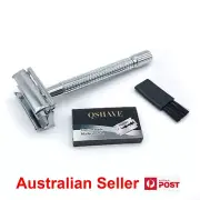 QShave Double Edge Safety Razor – Long Handle, Butterfly Open, Chrome Finish + 5