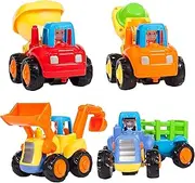 CifToys Friction Powered Cars Push and Go Toys Car Construction Vehicles Toys Set of 4 Tractor Cement Mixer Bulldozer & Dump Truck for Boys Baby Toddlers Kids Gift