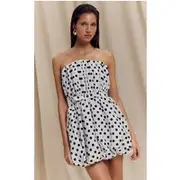 Monochrome Polka Dot Bow Detail Puffball Mini Dress, Monochrome
