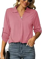 [Odosalii] Womens Casual V Neck Tunic Blouses Rolled Up Sleeve Basic Top Plain Shirts