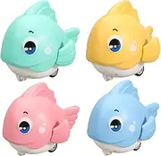 Pull Back Fish Toy, 4X Cartoon Push and Go Sea Animal Set, Interactive Fun, 8.66x7.87x2.36 inches, Learning Crawl and Walking Development Toy for Kids