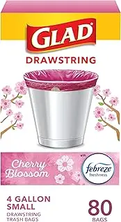Glad OdorShield Small Drawstring Trash Bags, 4 Gallon Trash Bag, Febreze Cherry Blossom, 80 Count (Package May Vary)