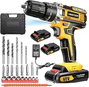 VINNYSEN 48V Cordless Drill, 3/8 Inch Power Drill Set with 2 Lithium Ion Battery and Charger, Electric Drill with Variable Speed, 24-Pieces Drill/Driver Accessories Kit (Yellow)