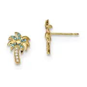 Real 14kt Yellow Gold Madi K Blue & Clear CZ Palm Tree Post Earrings